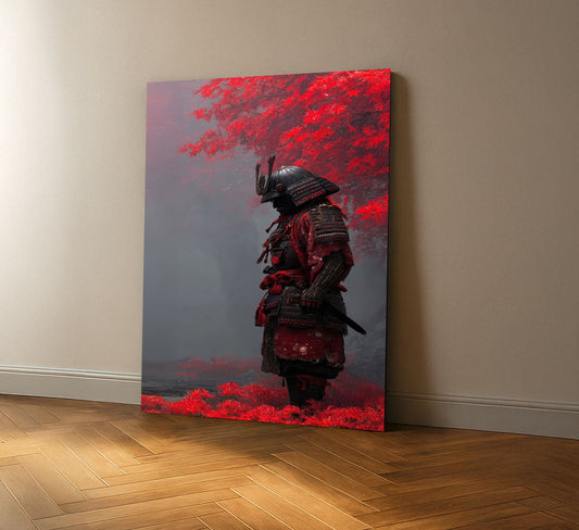 Enchanting Samurai In Red Autumn Leaves Canvas Wall Art
