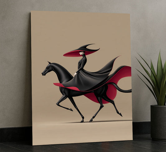 Elegant Woman In Black Riding Horse Canvas Wall Art