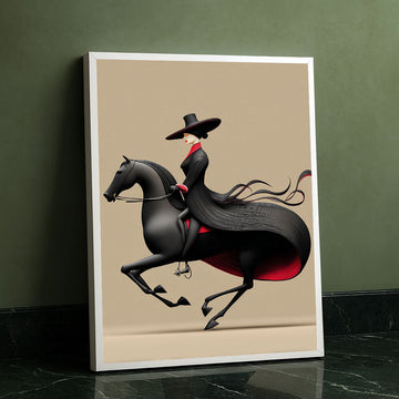 Elegant Woman Riding Black Horse Canvas Wall Art