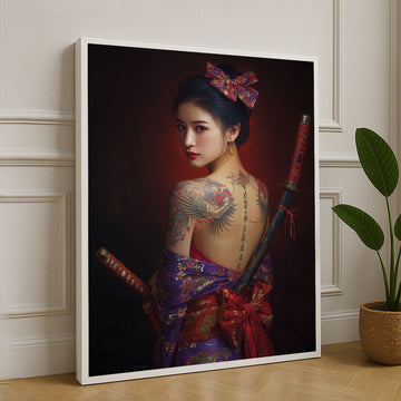 Elegant Samurai Woman With Dragon Tattoo Canvas Wall Art
