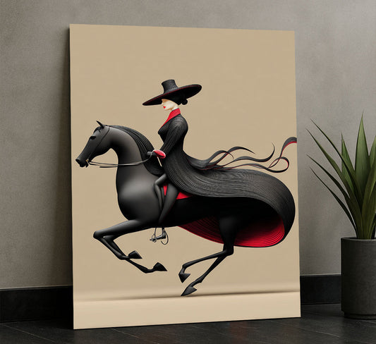 Elegant Woman Riding Black Horse Canvas Wall Art