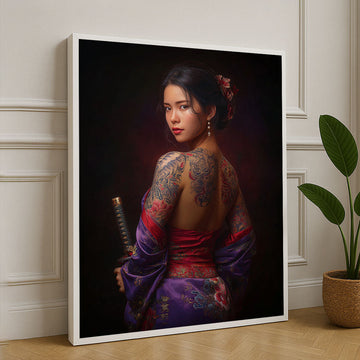 Elegant Samurai Woman With Dragon Tattoo Canvas Wall Art