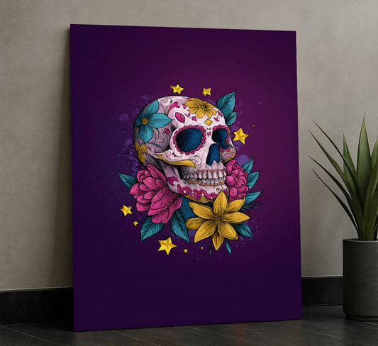 Vibrant Sugar Skull With Floral Accents Canvas Wall Art
