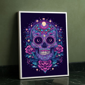 Vibrant Skull With Floral And Starry Details Canvas Wall Art