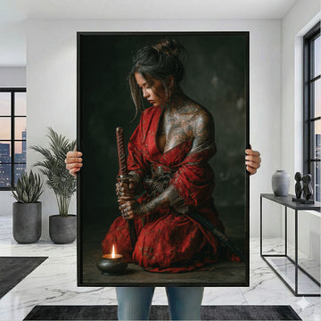 Captivating Tattooed Samurai Woman In Red Robe Canvas Wall Art