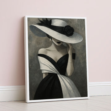 Elegant Woman In Black And White Hat Canvas Wall Art