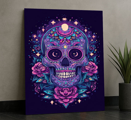 Vibrant Skull With Floral And Starry Details Canvas Wall Art
