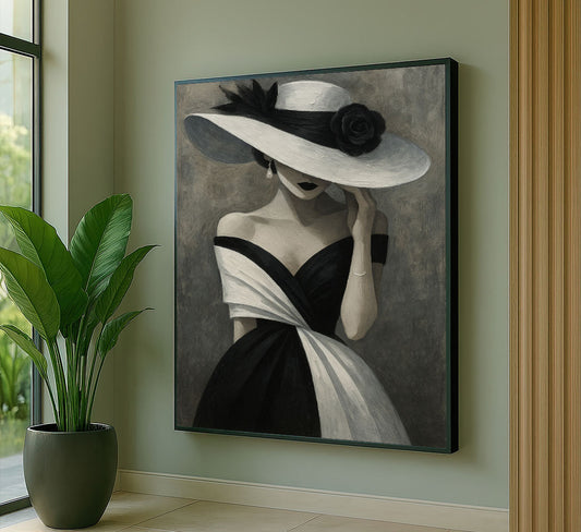 Elegant Woman In Black And White Hat Canvas Wall Art