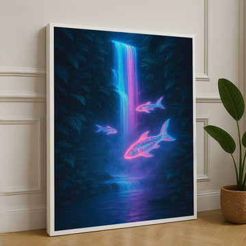 Neon Fish Under Waterfall Dreamscape Canvas Wall Art
