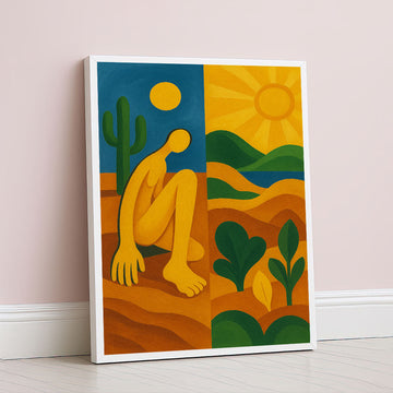 Vibrant Abstract Desert Scene With Sun And Cactus Canvas Wall Art