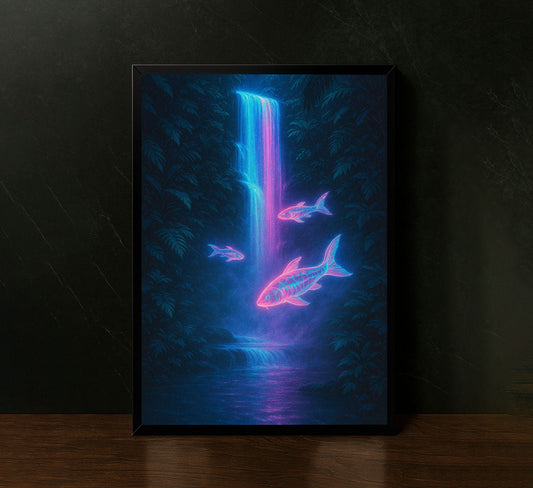Neon Fish Under Waterfall Dreamscape Canvas Wall Art