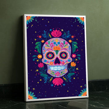 Vibrant Sugar Skull With Colorful Flowers Canvas Wall Art