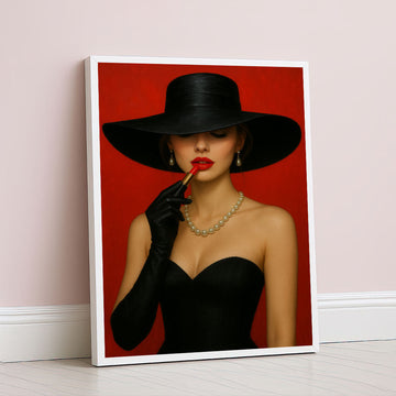 Captivating Woman In Black Hat And Pearls Canvas Wall Art