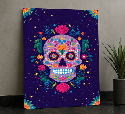 Vibrant Sugar Skull With Colorful Flowers Canvas Wall Art