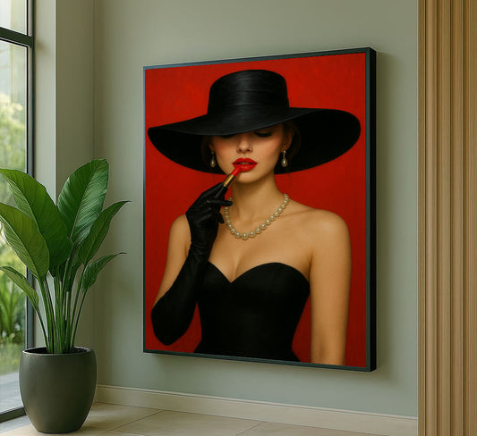 Captivating Woman In Black Hat And Pearls Canvas Wall Art