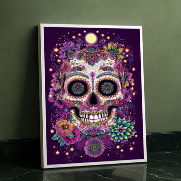 Vibrant Colorful Sugar Skull With Floral Patterns Canvas Wall Art