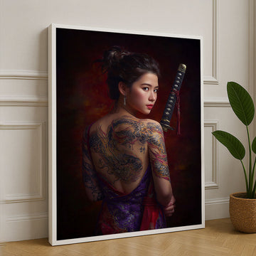 Elegant Samurai Woman With Dragon Tattoo Canvas Wall Art