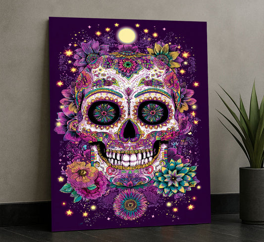 Vibrant Colorful Sugar Skull With Floral Patterns Canvas Wall Art