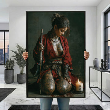 Enchanting Tattooed Samurai Woman In Red Kimono Canvas Wall Art
