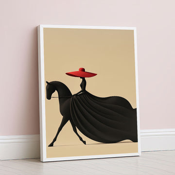 Elegant Woman In Red Hat On Black Horse Canvas Wall Art