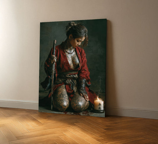 Enchanting Tattooed Samurai Woman In Red Kimono Canvas Wall Art