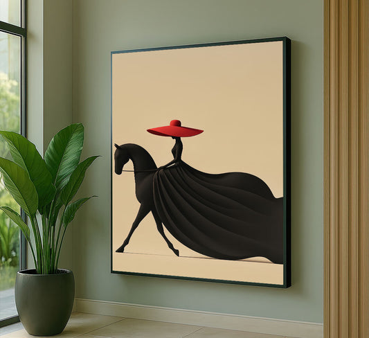 Elegant Woman In Red Hat On Black Horse Canvas Wall Art