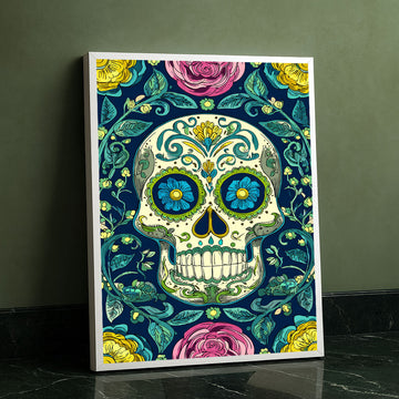 Vibrant Floral Sugar Skull Design Canvas Wall Art