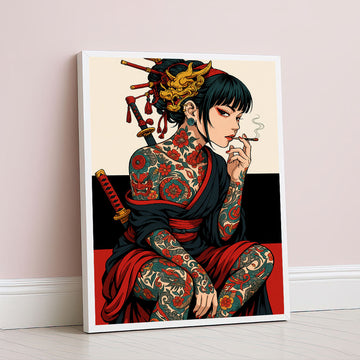 Striking Tattooed Samurai Woman Smoking Canvas Wall Art