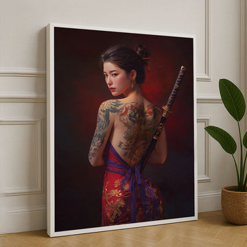 Elegant Samurai Woman With Dragon Tattoo Canvas Wall Art