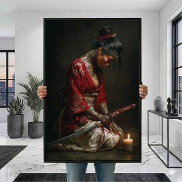 Enchanting Tattooed Samurai Woman In Red Kimono Canvas Wall Art