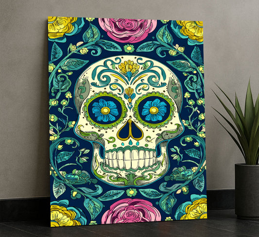 Vibrant Floral Sugar Skull Design Canvas Wall Art