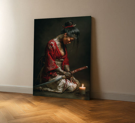 Enchanting Tattooed Samurai Woman In Red Kimono Canvas Wall Art