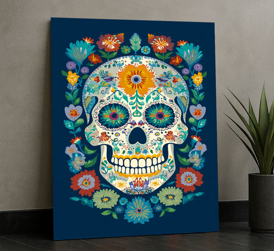 Vibrant Floral Sugar Skull Design Canvas Wall Art