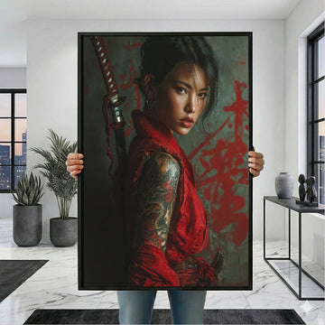 Enchanting Tattooed Samurai Woman In Red Canvas Wall Art