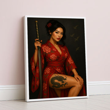 Enchanting Samurai Woman With Dragon Tattoo Canvas Wall Art