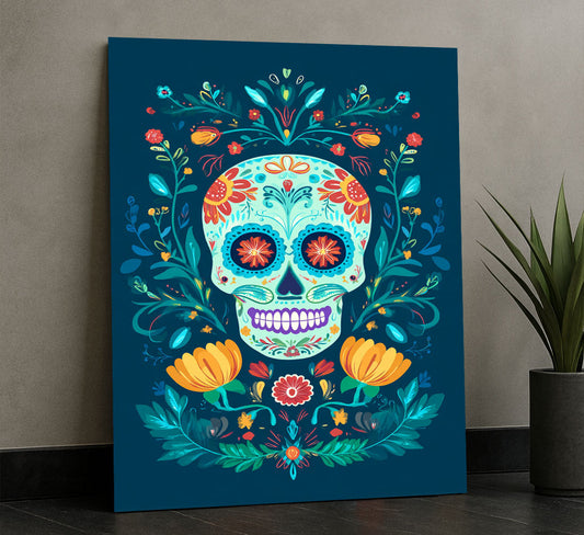 Vibrant Floral Sugar Skull Art Canvas Wall Art
