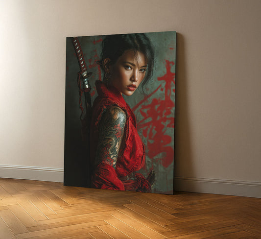 Enchanting Tattooed Samurai Woman In Red Canvas Wall Art