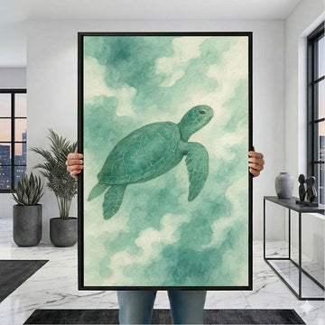 Serene Green Sea Turtle In Ocean Clouds Canvas Wall Art