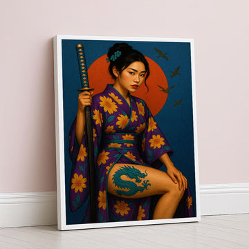 Enchanting Samurai Woman With Dragon Tattoo Canvas Wall Art