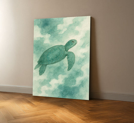 Serene Green Sea Turtle In Ocean Clouds Canvas Wall Art