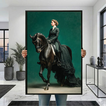 Elegant Woman Riding Black Horse Canvas Wall Art