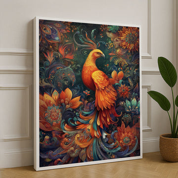 Vibrant Phoenix Among Floral Tapestry Canvas Wall Art