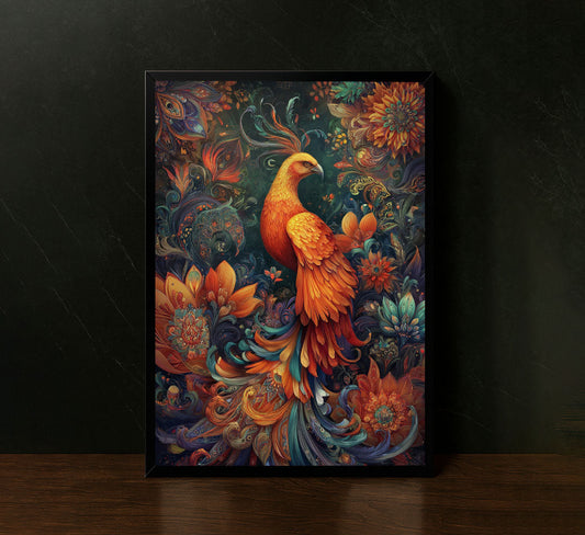 Vibrant Phoenix Among Floral Tapestry Canvas Wall Art