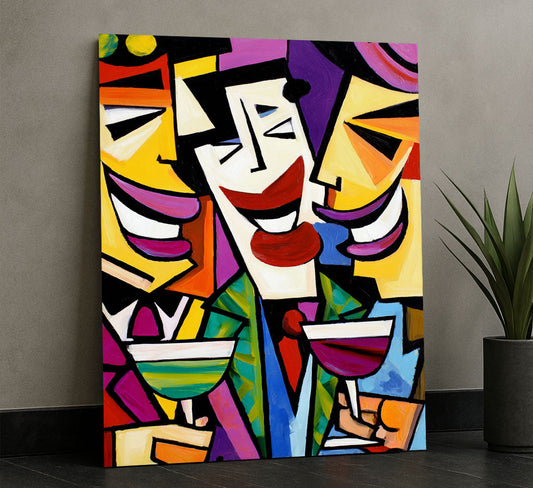 Vibrant Cubist Figures With Wine Glasses Canvas Wall Art