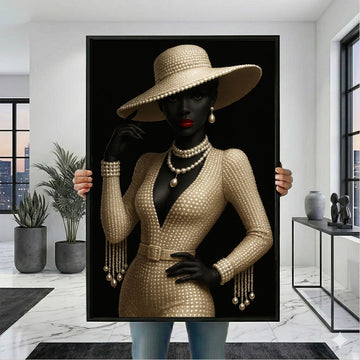 Elegant Black Woman in Chic Hat Canvas Wall Art Print | Modern Living Room Decor | Statement Piece
