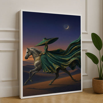 Elegant Rider Under Crescent Moon Canvas Wall Art