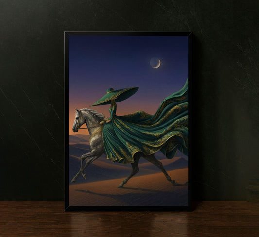Elegant Rider Under Crescent Moon Canvas Wall Art