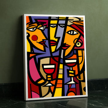 Vibrant Abstract Faces With Wine Glasses Canvas Wall Art