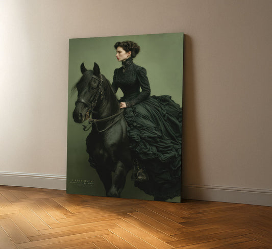 Elegant Victorian Woman On Black Horse Canvas Wall Art