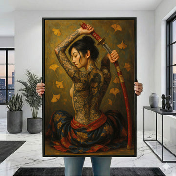 Enchanting Tattooed Samurai Woman With Sword Canvas Wall Art